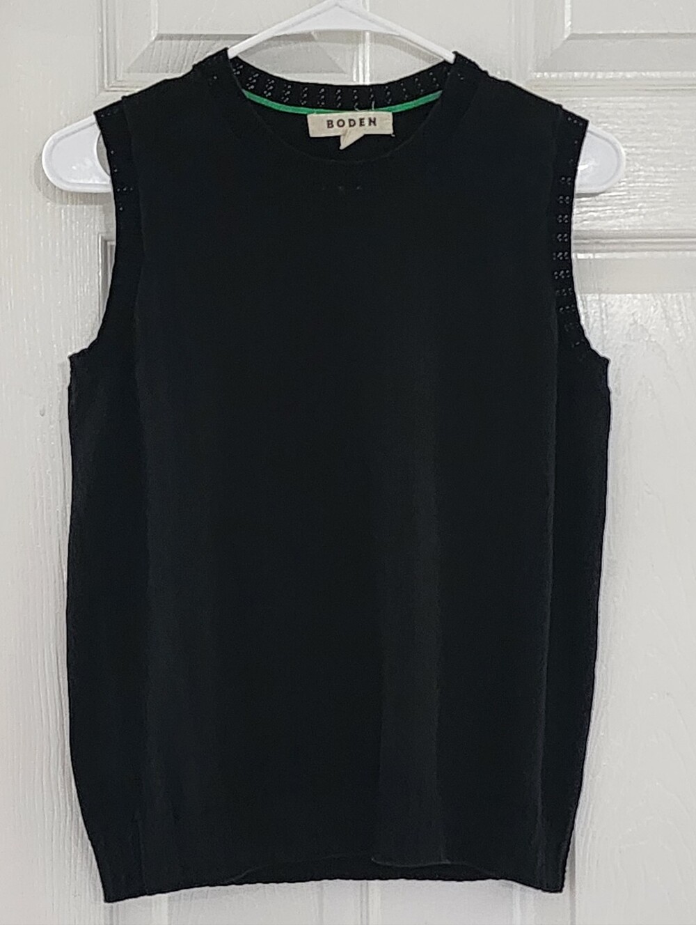 Boden Black Pointelle Knit Sweater Tank Top Vest Green Trim Small S Preppy